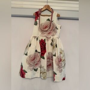 MonnaLisa Cream and Red Rose Print Dress with belt and cardigan